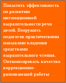 Подпись: Повысить эффективность по развитию интонационной выразительности речи детей. Вооружить педагогов практическими навыками владения средствами выразительного чтения. Оптимизировать качество коррекционно-развивающей работы 