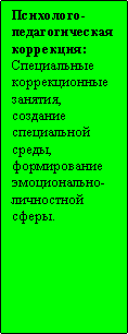 Подпись: Психолого-педагогическая коррекция:Специальные коррекционные занятия, создание специальной среды, формирование эмоционально-личностной сферы.