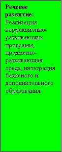 Подпись: Речевое развитие:Реализация коррекционно-развивающих программ, предметно-развивающая среда, интеграция базисного и дополнительного образования.